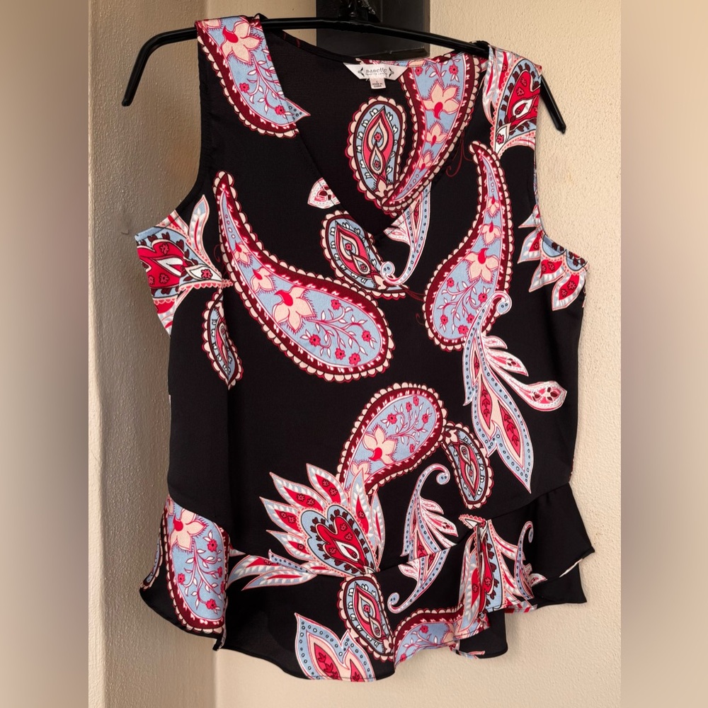 Nanette Lepore Flounced Hi-Lo Blouse Sleeveless Black Blue/Pink Paisley Small